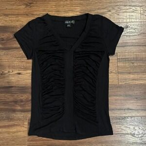 Vintage Y2K‎ Black Short Sleeve Tshirt Ruched Soft Slinky Baddie Grunge Goth